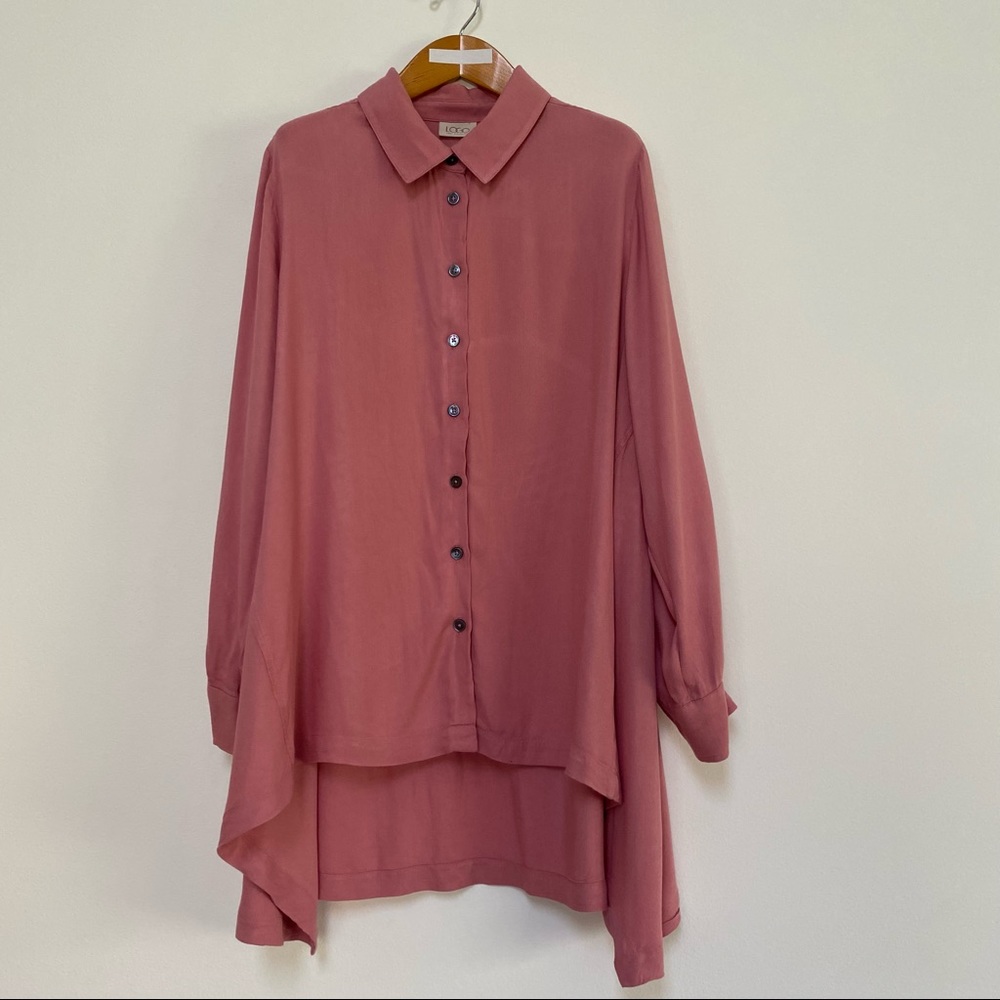 LOGO Lori Goldstein High Low Flowy Button Shirt 12 Pink